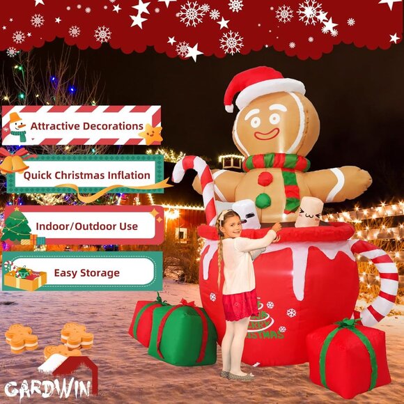 🆕6ft Christmas Inflatables Gingerbread Man Mug Yard Blow up Outdoor Decorations - Picture 4 of 8